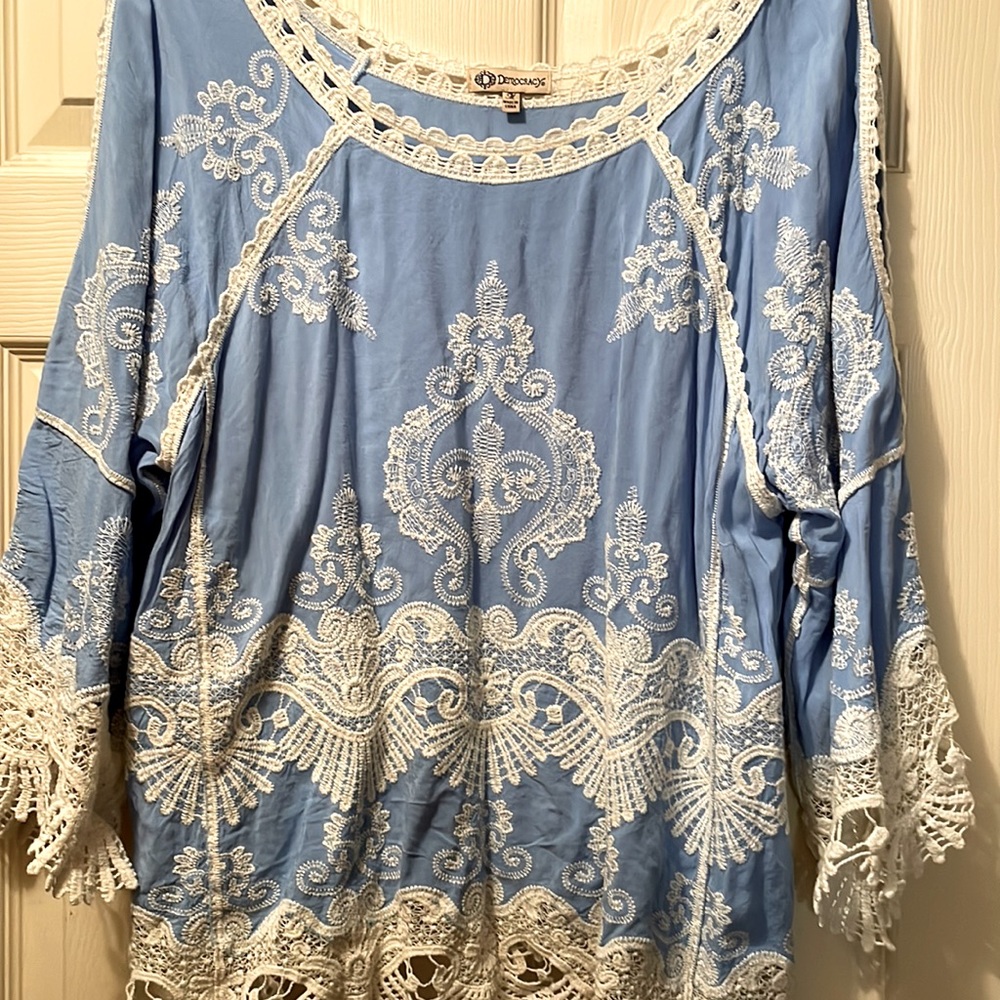 Size M Democracy blue top with ivory embroidery and lace.
